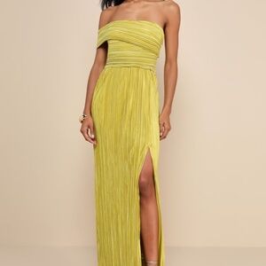 Lulus Poised Performance Chartreuse Plisse One-shoulder Maxi Dress Green